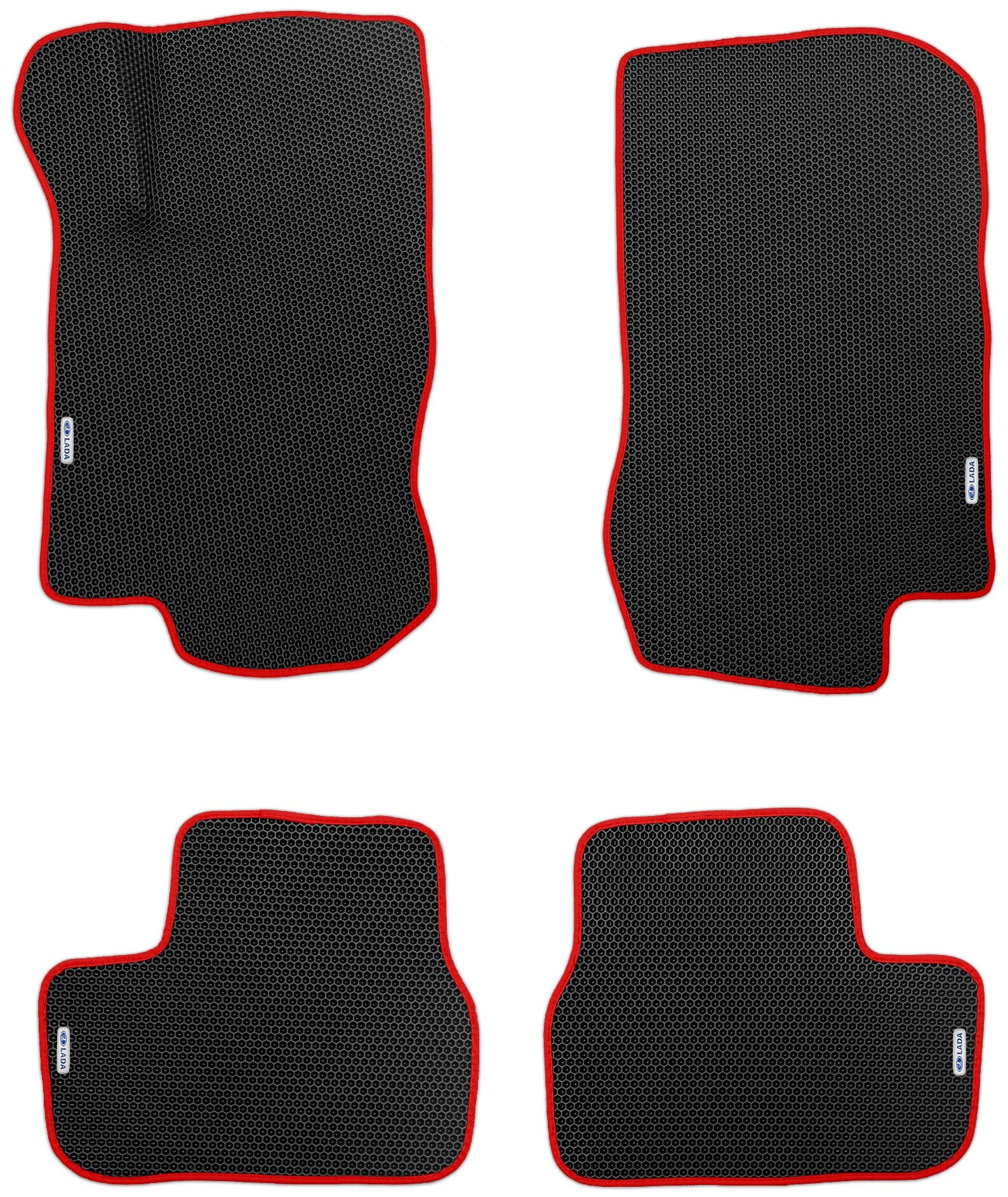 EVA коврики автомобильные для Lada Granta 2011-2021, без перемычки, с логотипами, черные с красной окантовкой (Лада Гранта)