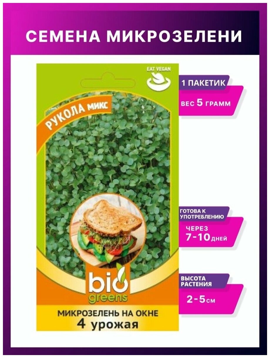 Микрозелень Рукола микс 5 г серия bio greens /Микрозелень семена / Гавриш / семена микрозелени / семена микрозелени набор 1 уп