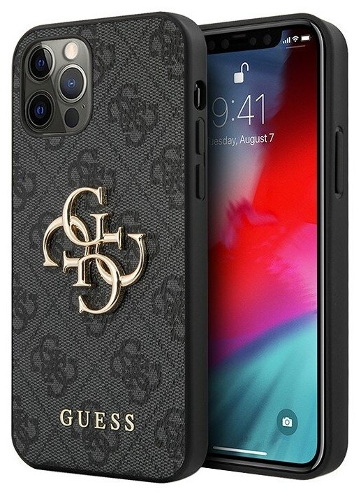 Guess для iPhone 12/12 Pro (6.1) чехол PU 4G Big metal logo Hard Grey