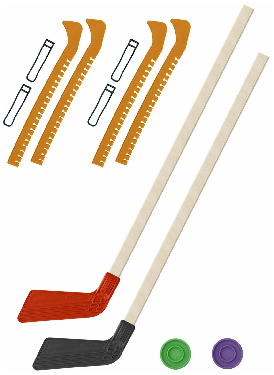 Детский хоккейный набор для игр на улице Клюшка хоккейная детская 2 шт красная и чёрная 80 см.+2 шайбы + Чехлы для коньков желтые - 2 шт.