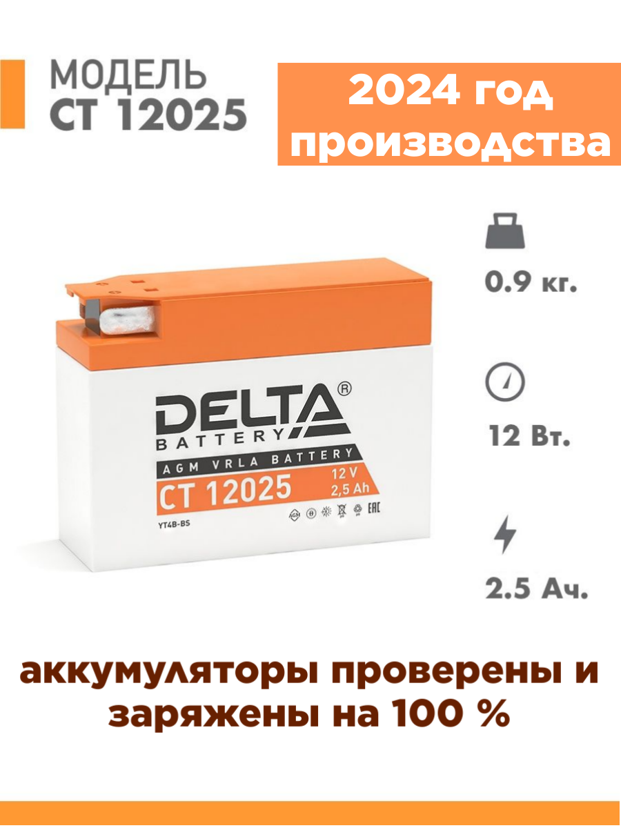 Аккумулятор для мототехники Delta CT 12025 (12V / 2.5Ah) (YT4B-BS)