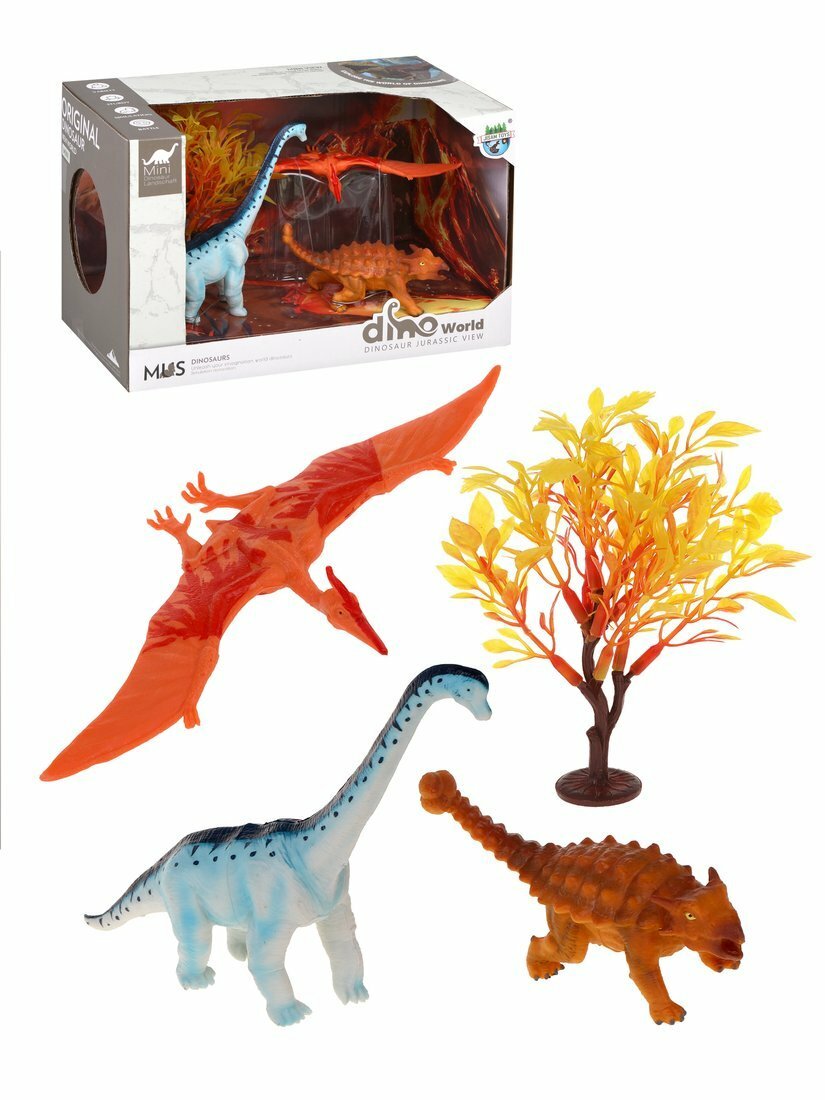 Набор динозавров 3шт +дерево в коробке