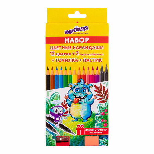 Карандаши цветные юнландия монстрик, набор 12 цветов + 2 чернографитных карандаша + ластик + точилка, заточенные, шестигранные, 181690 упаковка 6 шт.