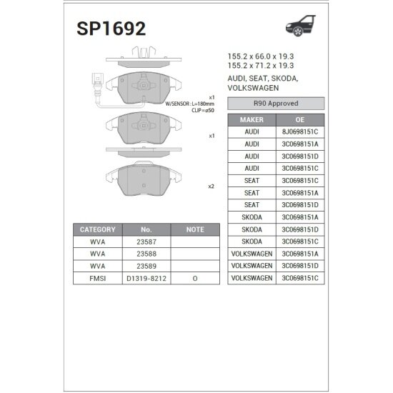 Колодки тормозные передние Sangsin Brake для Audi / SEAT / SKODA / Volkswagen, 4 шт