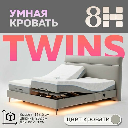 Умная двуспальная кровать 8H DT8 TWINS (219см х 202см х 113.5см ДхШхВ), серая + матрасы TZ