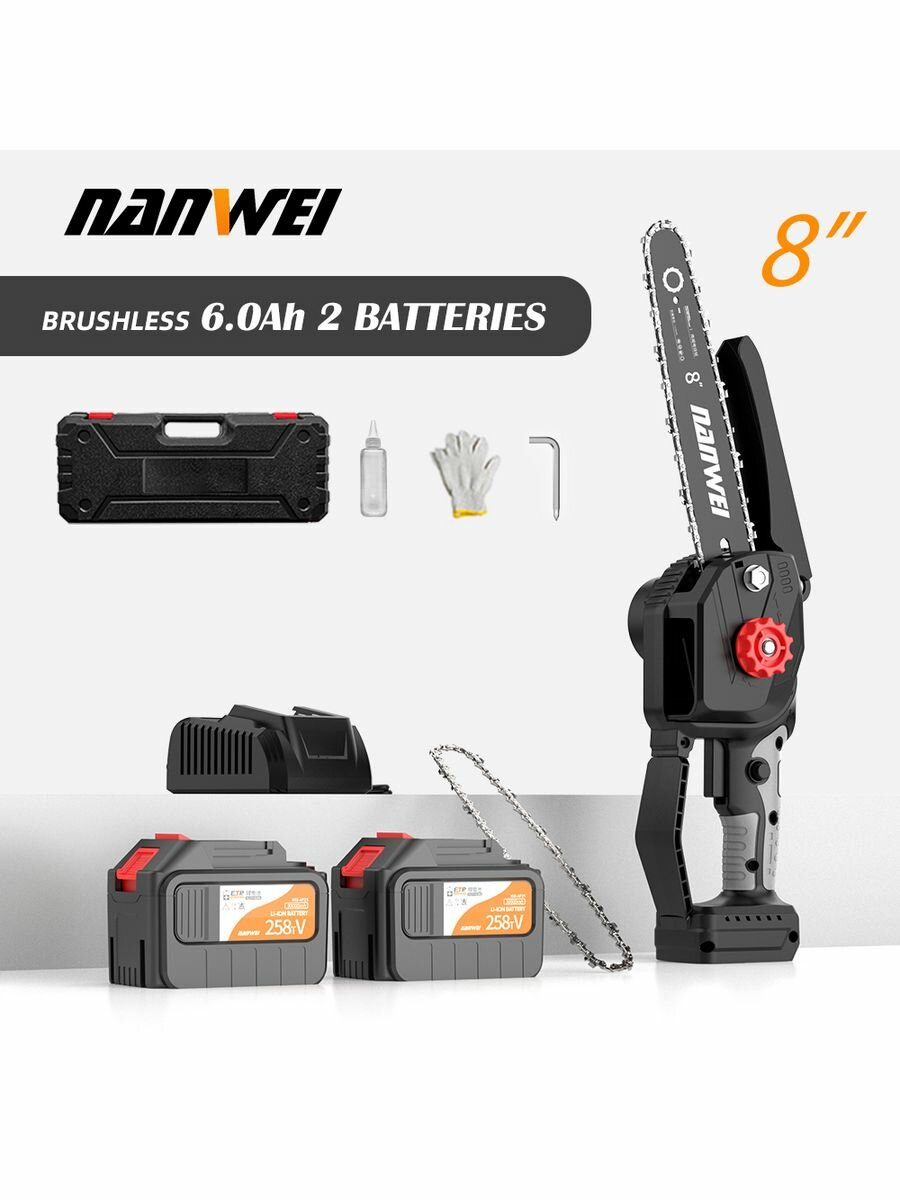 фото NANWEI 8" пила аккумуляторная цепная 21В беспроводной бензопила 6000r/min бесщёточный двигатель