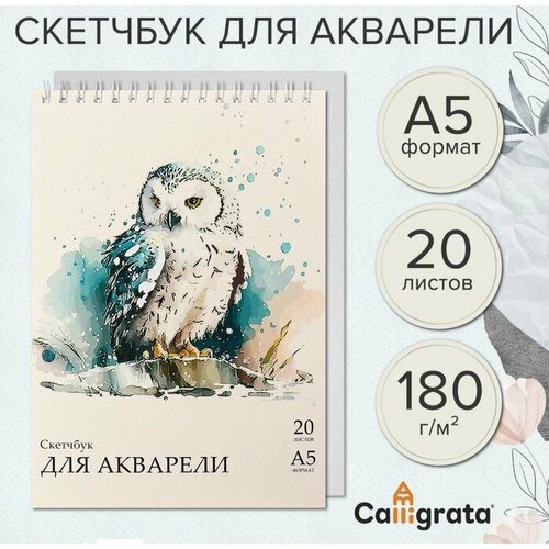 Скетчбук-блокнот для акварели А5, 20 листов на гребне, Calligrata TOP, обложка мелованный картон, блок 180 г/м2 скетчбук блокнот для акварели 20л а5 artspace нежность на гребне 180г м2