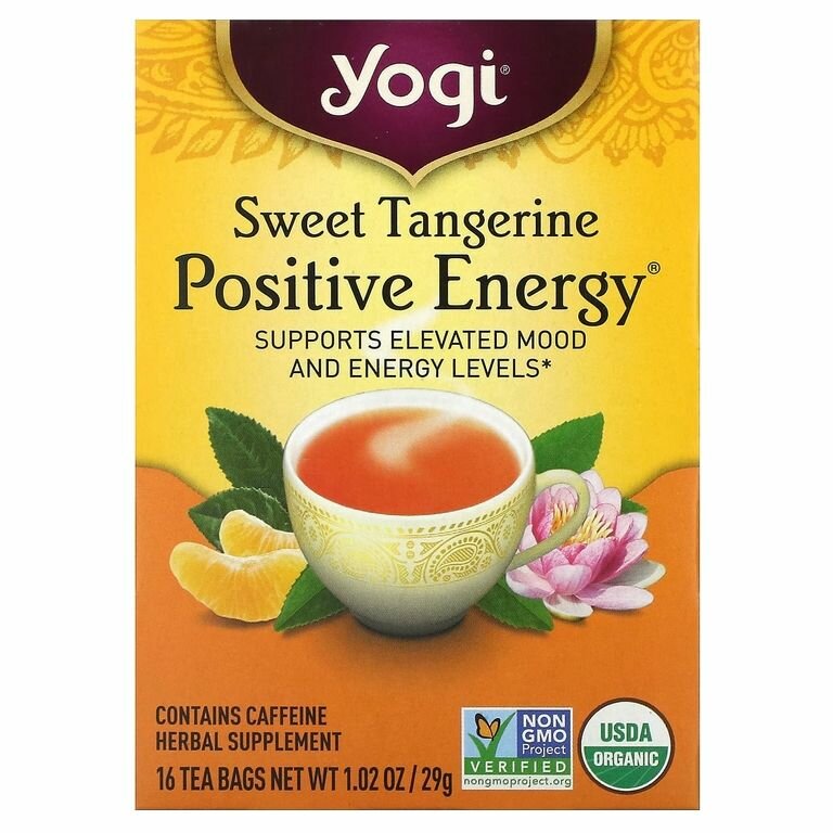 Yogi Tea, Positive Energy, чай для энергии, сладкий мандарин, 16 чайных пакетиков