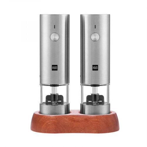 Набор из двух мини электрических мельниц для специй со встроенным аккумулятором и деревянной подставкой в металлическом корпусе Huohou Electric Mini Grinder Rechargable (HU0276 RUS) русская версия, серебристый