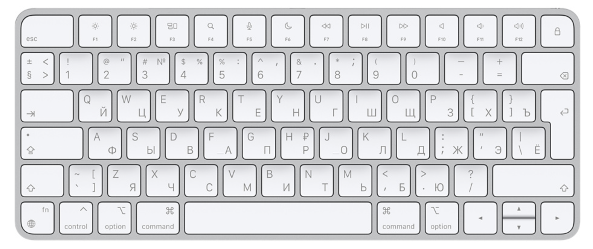 Беспроводная клавиатура Apple Magic Keyboard 2021 (MK2A) Blue Switch, белый/серебристый, английская/русская (ISO), 1 шт.