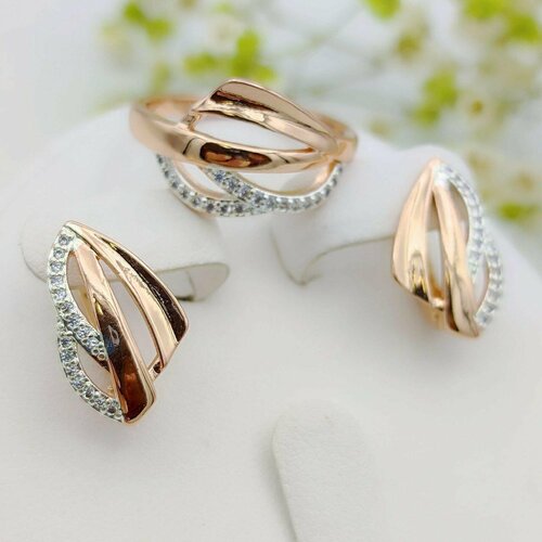 Комплект бижутерии FJ Fallon Jewelry: кольцо, серьги, фианит, размер кольца 18, золотой