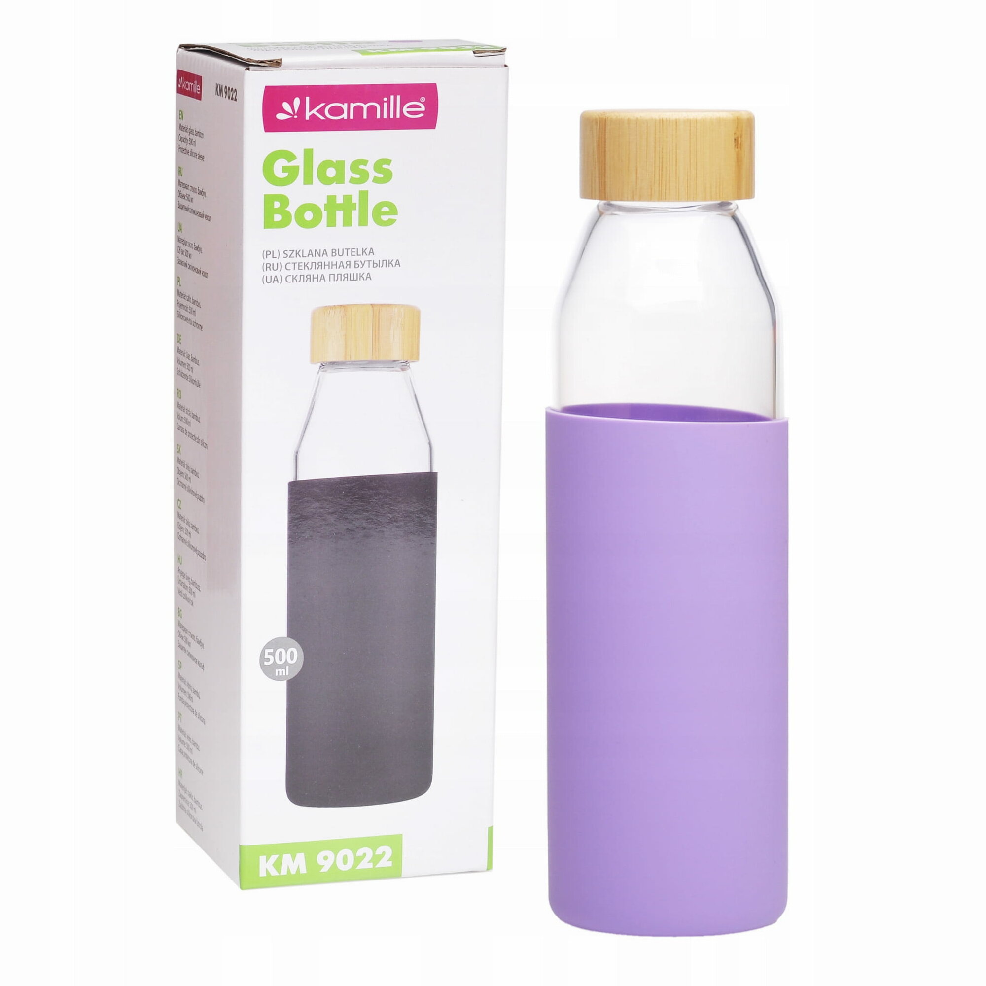 Бутылка для воды 500 мл. Kamille KM 9022 стеклянная в силиконовом чехле (9022 / 0,5 л. / фиолетовый)