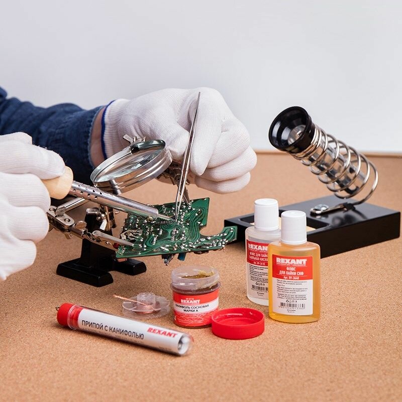 Набор К1 для пайки универсальный (припой флюс ПК флюс СКФ канифоль медная оплетка) REXANT