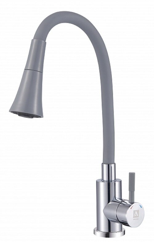 Смеситель ARGO / Арго SOLID 35-12 grey для кухни двухпозиционный пластичный однорычажный, из нержавеющей стали, цвет серый/хром, излив 195мм / сантехника