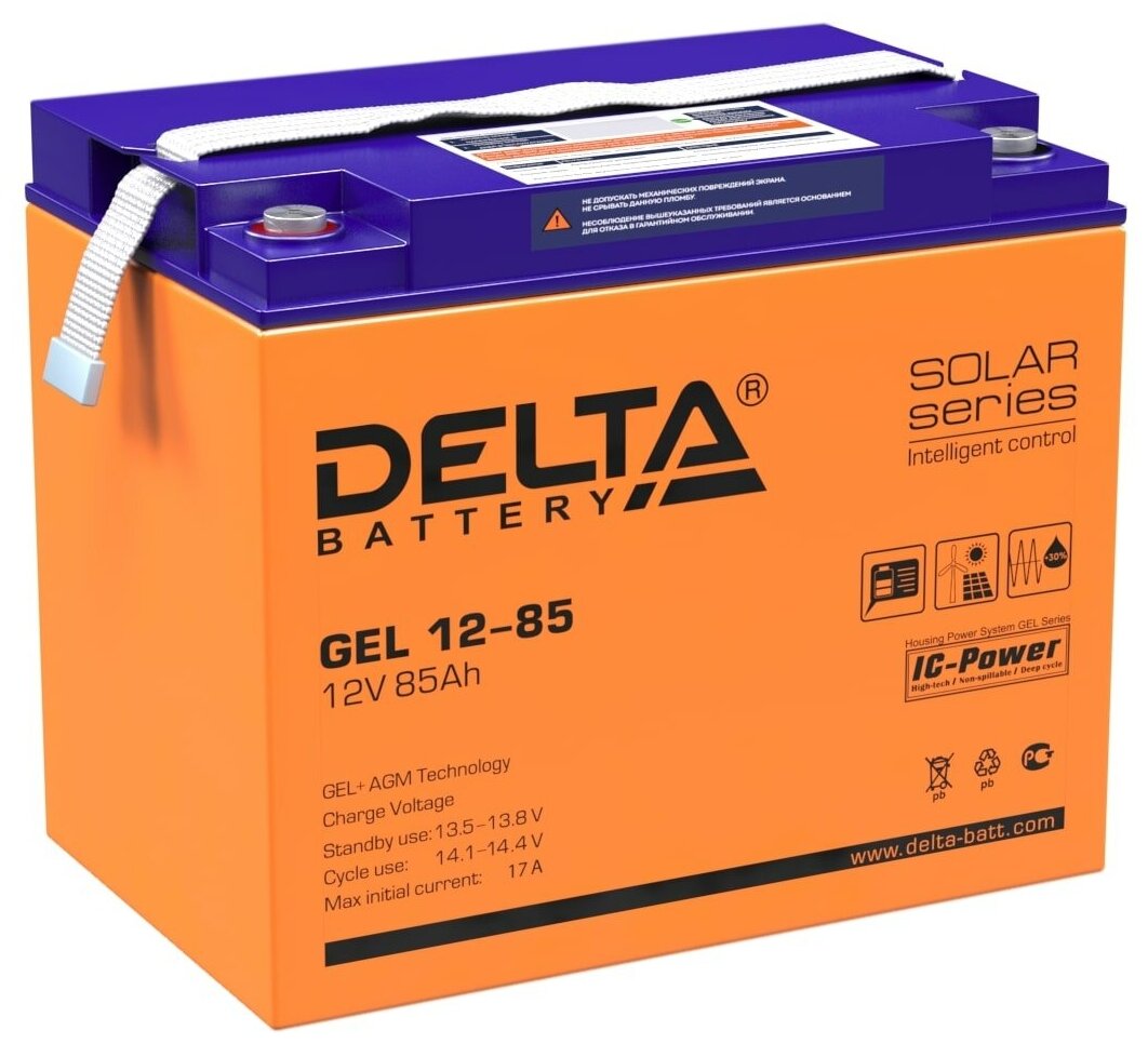 Аккумулятор DELTA гелевый GEL 12-85 (12В, 85Ач / 12V, 85Ah / вывод под болт M6)