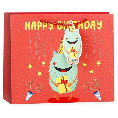 фото Пакет подарочный 3d, с днем рождения! (монстрик c подарком), красный, 35*47*15 см, 1 шт. дон баллон