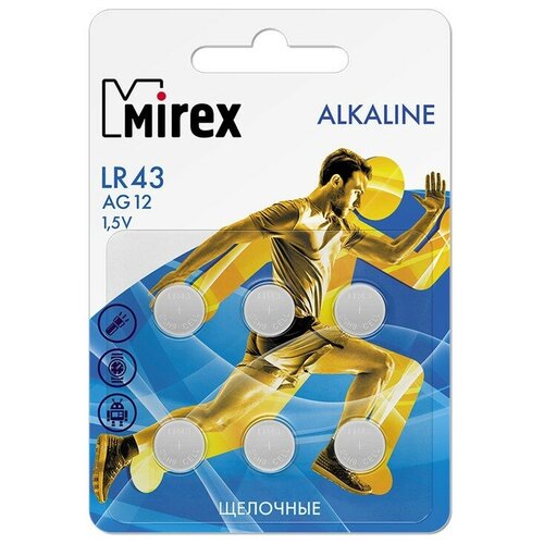 Батарейка алкалиновая Mirex, LR43, AG12, 1.5В, блистер, 6 шт