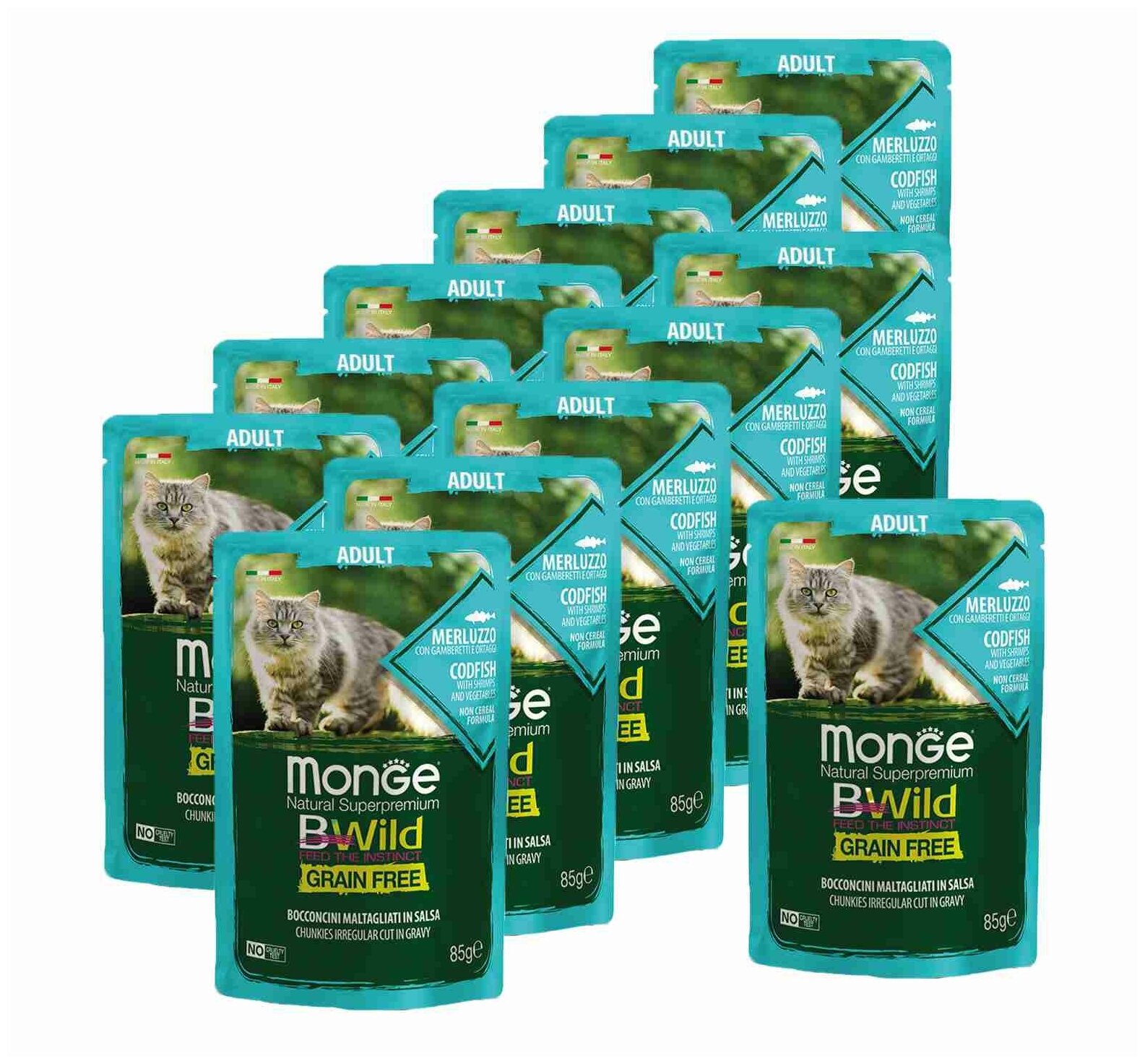 Monge Cat BWild GRAIN FREE паучи из трески с креветками и овощами для взрослых кошек 85г х 12 шт.