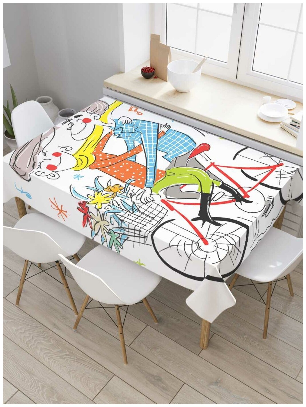 Скатерть прямоугольная JoyArty на кухонный стол "Влюбленная пара на велосипеде" из оксфорда, 120x145 см