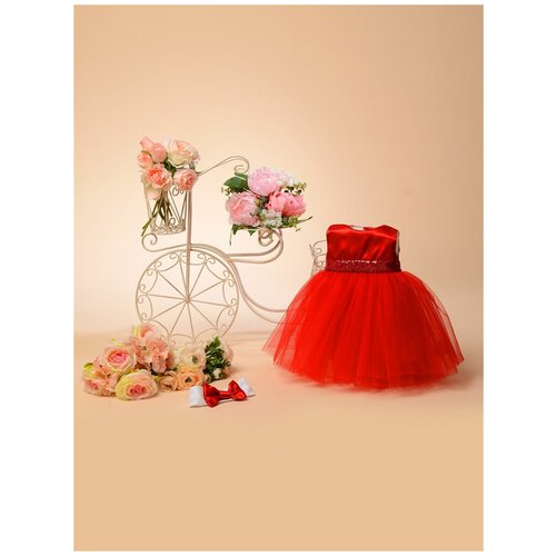 фото Комплект одежды patrino для девочек, платье и комбинезон и бант, нарядный стиль, размер 56, красный