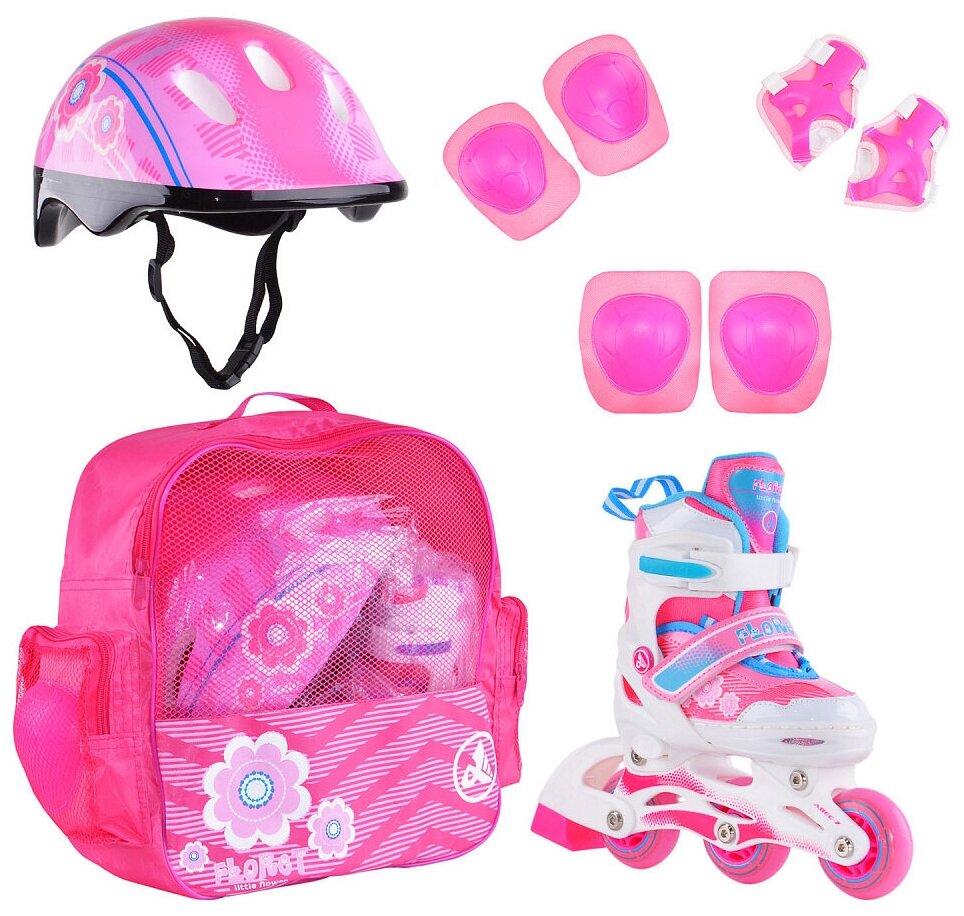 Набор роликовые коньки раздвижные FLORET White Pink Blue, шлем, набор защиты, в сумке (XS: 27-30)