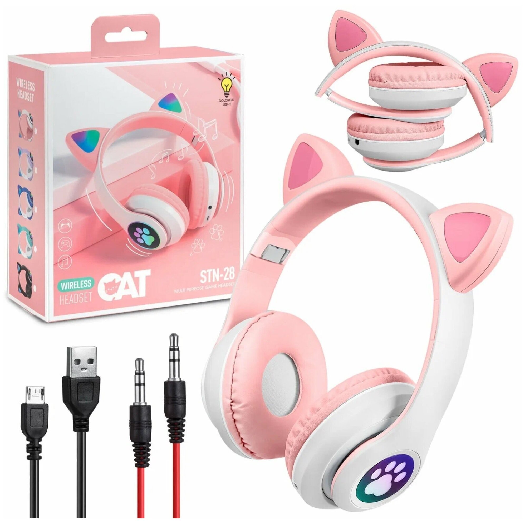 Беспроводные WIRELESS MUSIC HEADSET наушники / Bluetooth наушники с кошачьими светящимися ушками для детей и взрослых / Светящиеся большие наушники