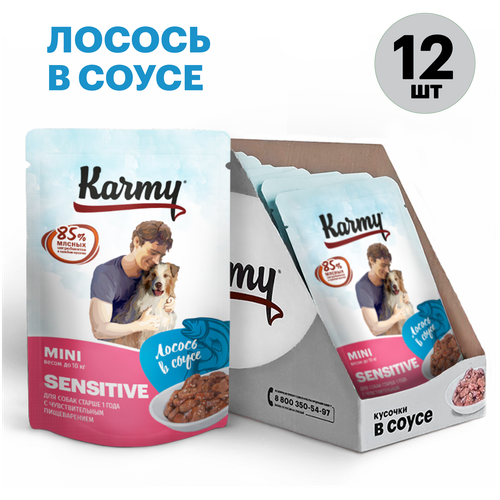 Влажный корм Karmy Mini Sensitive для собак мелких пород с чувствительным пищеварением старше 1 года Лосось Мясные кусочки в соусе 80 гр 12шт