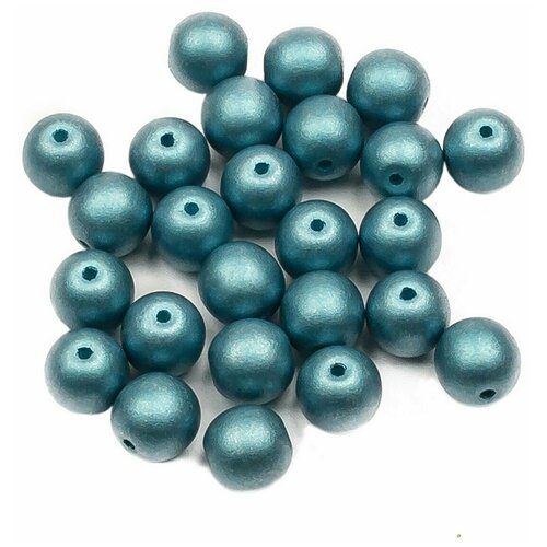Стеклянные чешские бусины, круглые, Round Beads, 6 мм, цвет Alabaster Metallic Blue Turquoise, 25 шт.