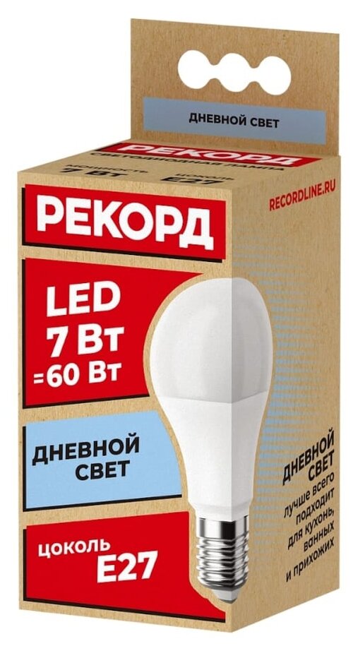 Рекорд 23874, E27, A60, 7 Вт, 4000 К