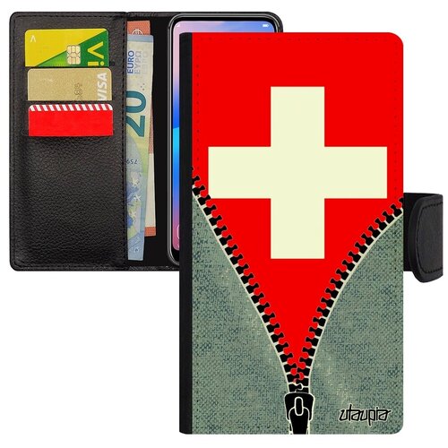 фото Модный чехол-книжка для смарфона // xiaomi redmi note 6 pro // "флаг швейцарии на молнии" патриот страна, utaupia, серый