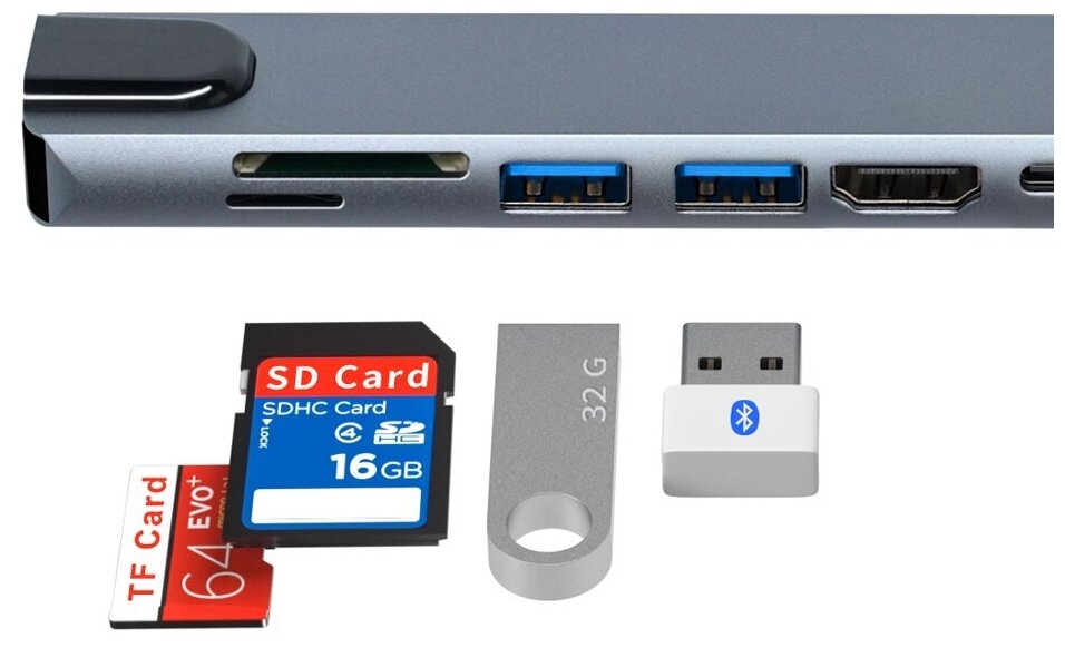 Адаптер Type- C на HDMI(4K) / Ethernet RJ45 100mbps / Type- C PD 87W / USB- A 3.0 / Кардридер SD TF, USB- концентратор, переходник 8 в 1