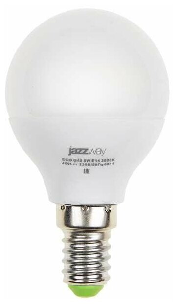 JazzWay Лампа светодиодная PLED-ECO-G45 5Вт шар 3000К тепл. бел. E14 400лм 220-240В JazzWay 1036896A