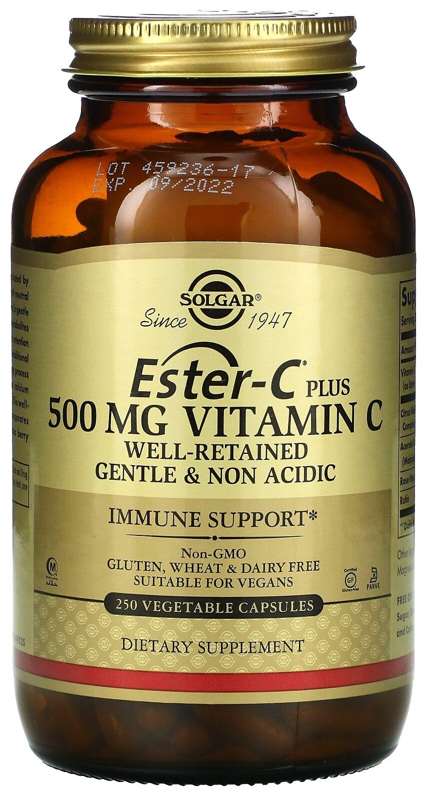 Solgar, Ester-C Plus, витамин C, 500 мг, 250 растительных капсул
