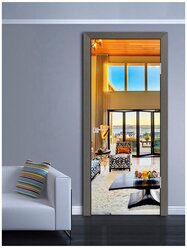 Наклейка интерьерная на дверь "Красивая гостиная с Видом на Роскошные Дома", самоклеющаяся 80х200 см.