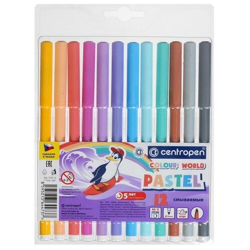 Фломастеры 12 цветов, Centropen Colour World Pastel 7550/12 TP, пастельные, 2.0 мм, в блистере