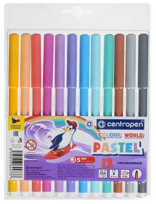 Фломастеры 12цв Centropen 7550 TP Colour World Pastel 2.0 мм пастель, блистер, европодв 5199874