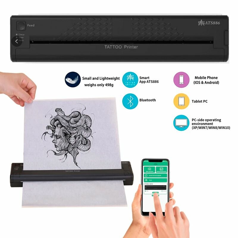 Беспроводной тату принтер для перевода рисунка ATS886 Wireless Tattoo Printer Bluetooth Black