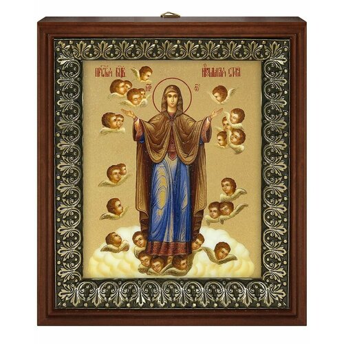 Икона Божией Матери Нерушимая стена на золотом фоне в рамке со стеклом (размер изображения: 13х16 см; размер рамки: 18х20,7 см).