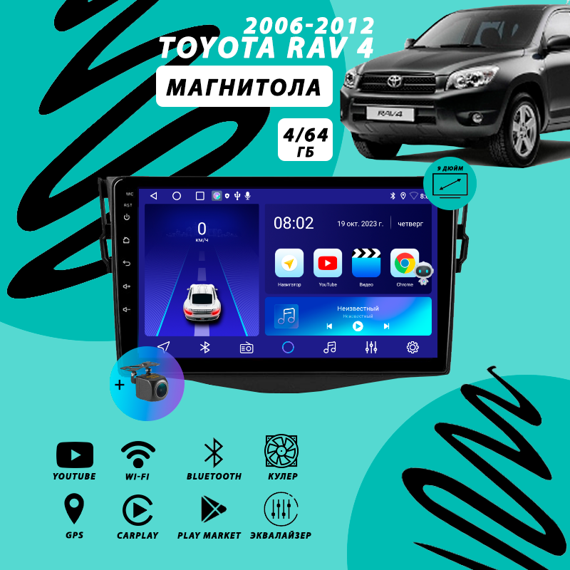 Магнитола Toyota Rav4 XA30 (2006-2012) 4Гб+64Гб/Android/Carplay/кулер/Wi-Fi/Bluetooth/2din/штатная магнитола