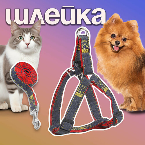 Шлейка MiloPets для собак мелких пород и кошек, с поводком 120 см, красный, M 32-48 см