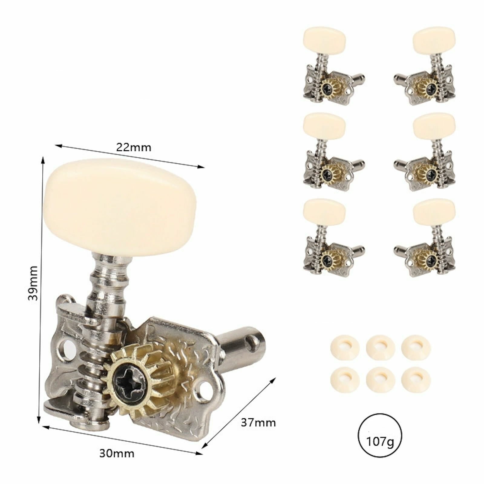 Комплект одиночной колковой механики 3+3 для акустической гитары без втулок. Ручки слоновая кость. 1 отверстие для струн