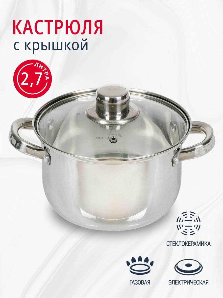 Кастрюля нержавеющая сталь 2.7 л с крышкой крышка стекло DNN3 SD-A17-18