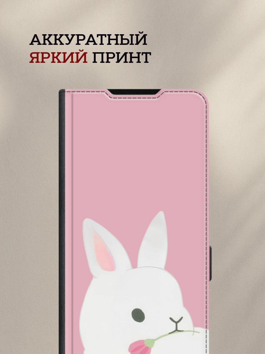 Чехол-книжка на Xiaomi Redmi 14C/Poco C75 4G/Redmi A4 5G/Poco M7 5G / Сяоми Редми 14C с принтом Кролик с цветком, черный — фото 1