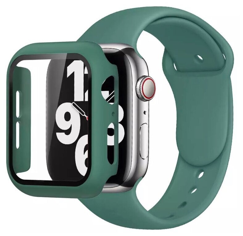 Чехол для Apple Watch 7 41мм со стеклом + силиконовый ремешок для Apple Watch 7 41mm, зеленый