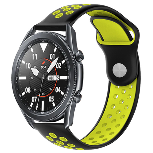 Силиконовый водостойкий сменный ремешок MyPads для умных смарт-часов Samsung Galaxy Watch 3 (45мм) SM-R840NZKACIS со спортивным дизайном с дырками под вентиляцию и застежкой (черно-зеленый)