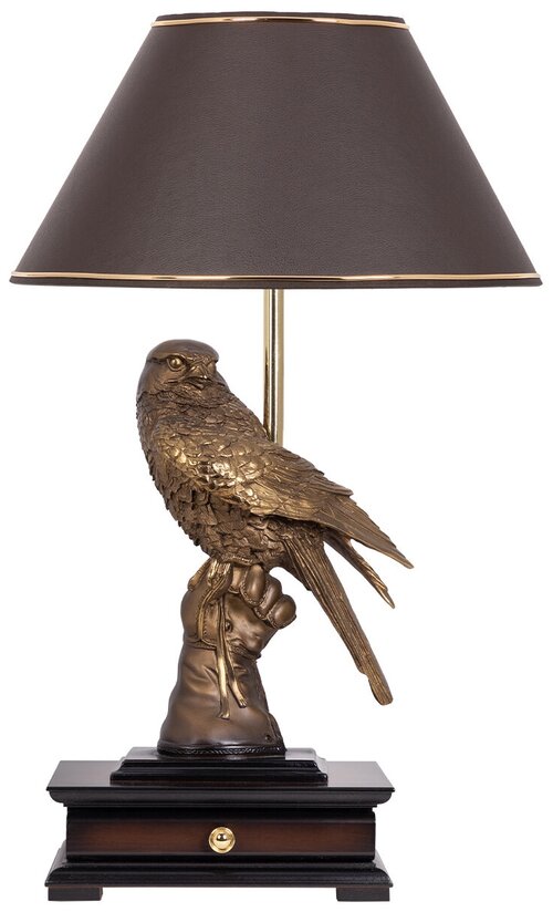 Настольная лампа Bogacho Соколиная охота бронзовая с темно-коричневым абажуром из искусственной кожи