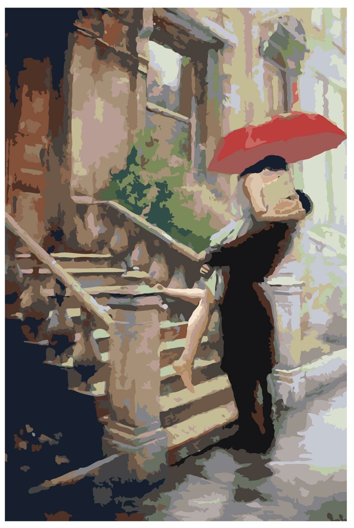 Картина по номерам, "Живопись по номерам", 40 x 60, DA01, Влюблённые, дождь, зонт, лестница, здание, романтика, живопись
