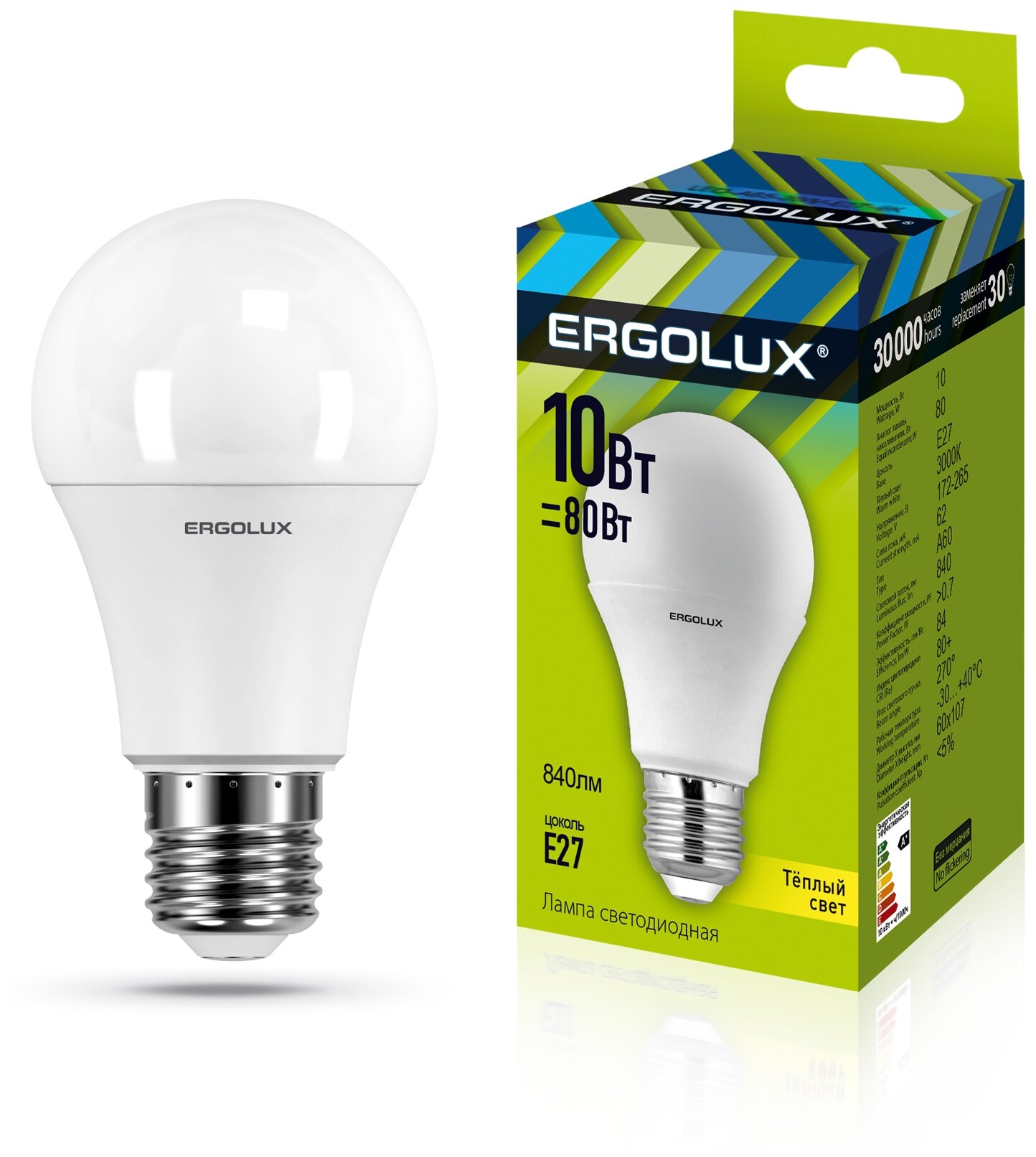 Лампа светодиодная E27, 10 Вт, 80 Вт, груша, 3000 К, свет теплый белый, Ergolux