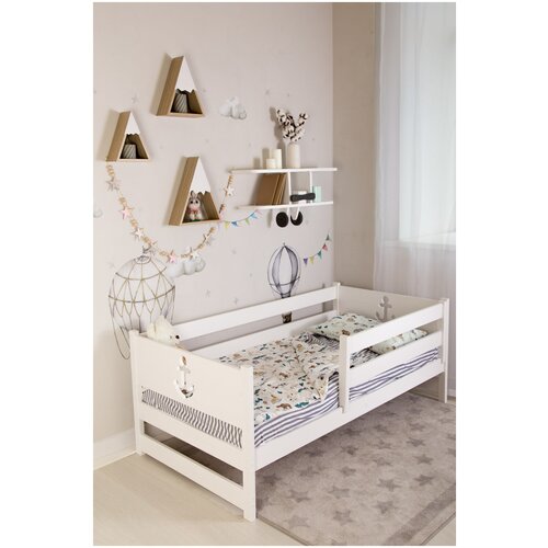 Кровать детская моряк (с матрасом Неженка 3, без ящиков, с бортиком, для детской, деревянная, белая), 160х80