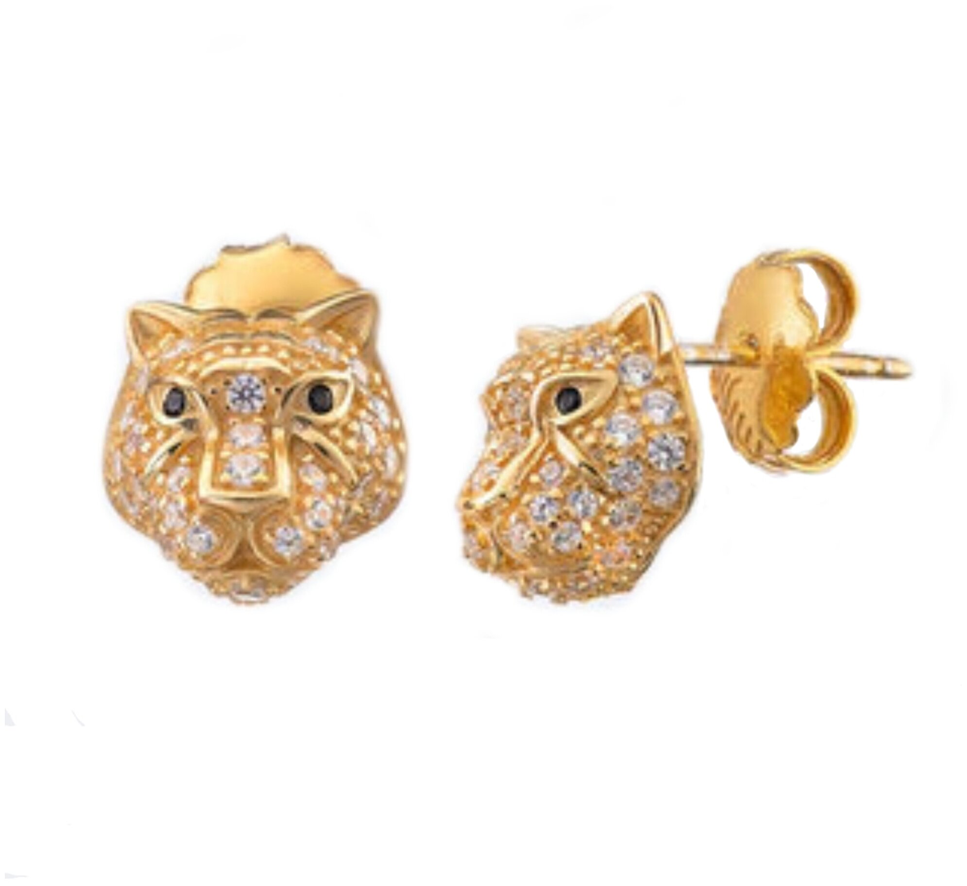 Серьги пусеты, серебро, 925 проба, золочение, фианит